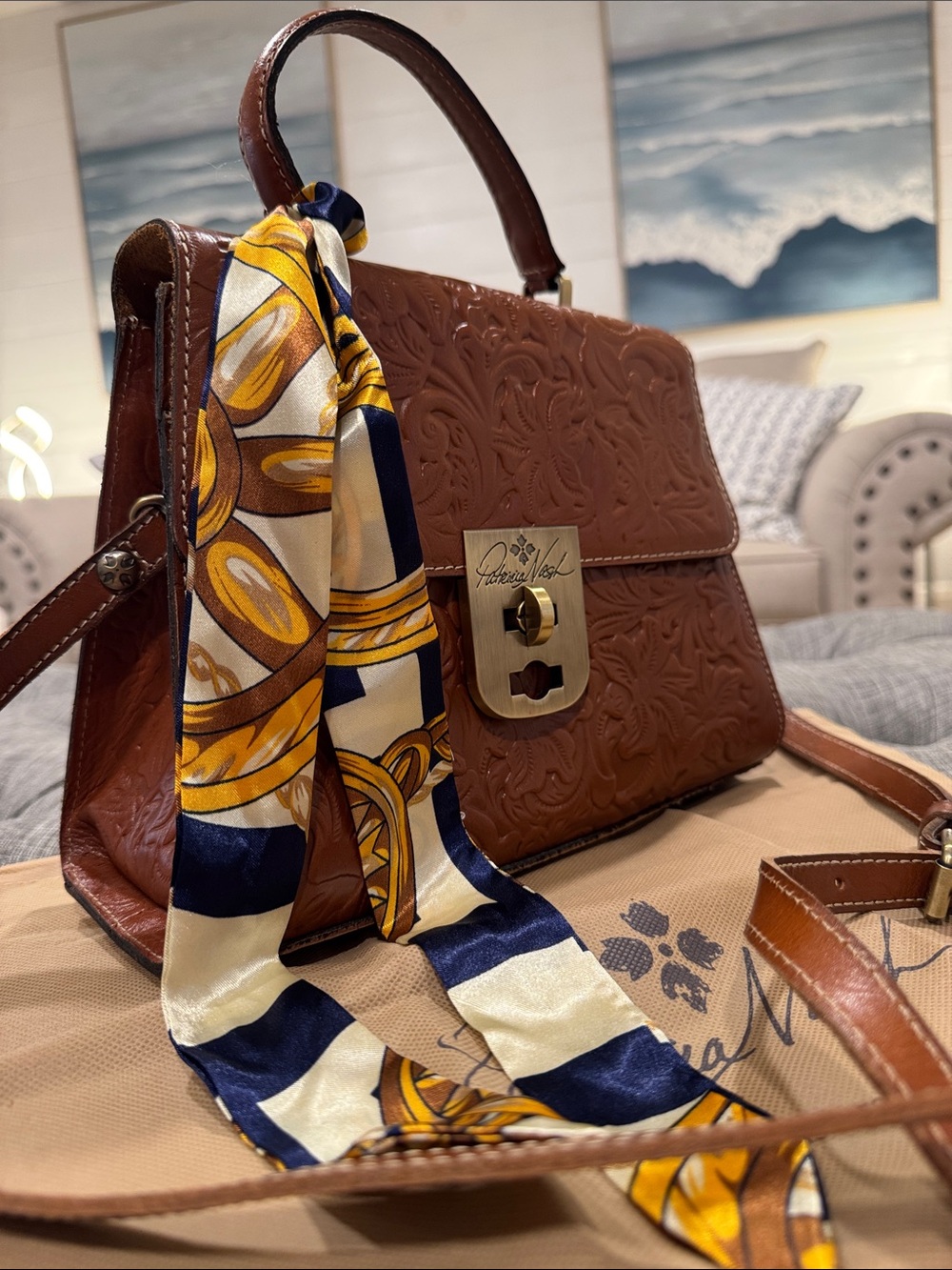 Patricia Nash Chauny Tooled Floral Embossed Brown Leather Satchel - Picture 3 of 17